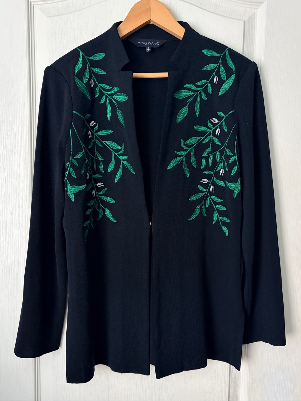 Ming Wang Black Green Embroidered Open Front Jacket Blazer Cardigan, Small